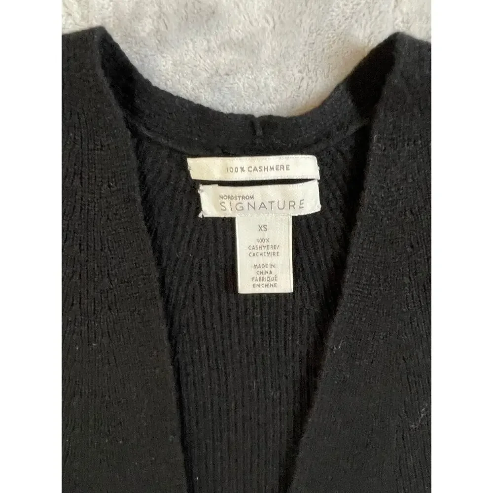 100% Cashmere black ribbed tunic length open front cardigan luxury‎ XS capsule